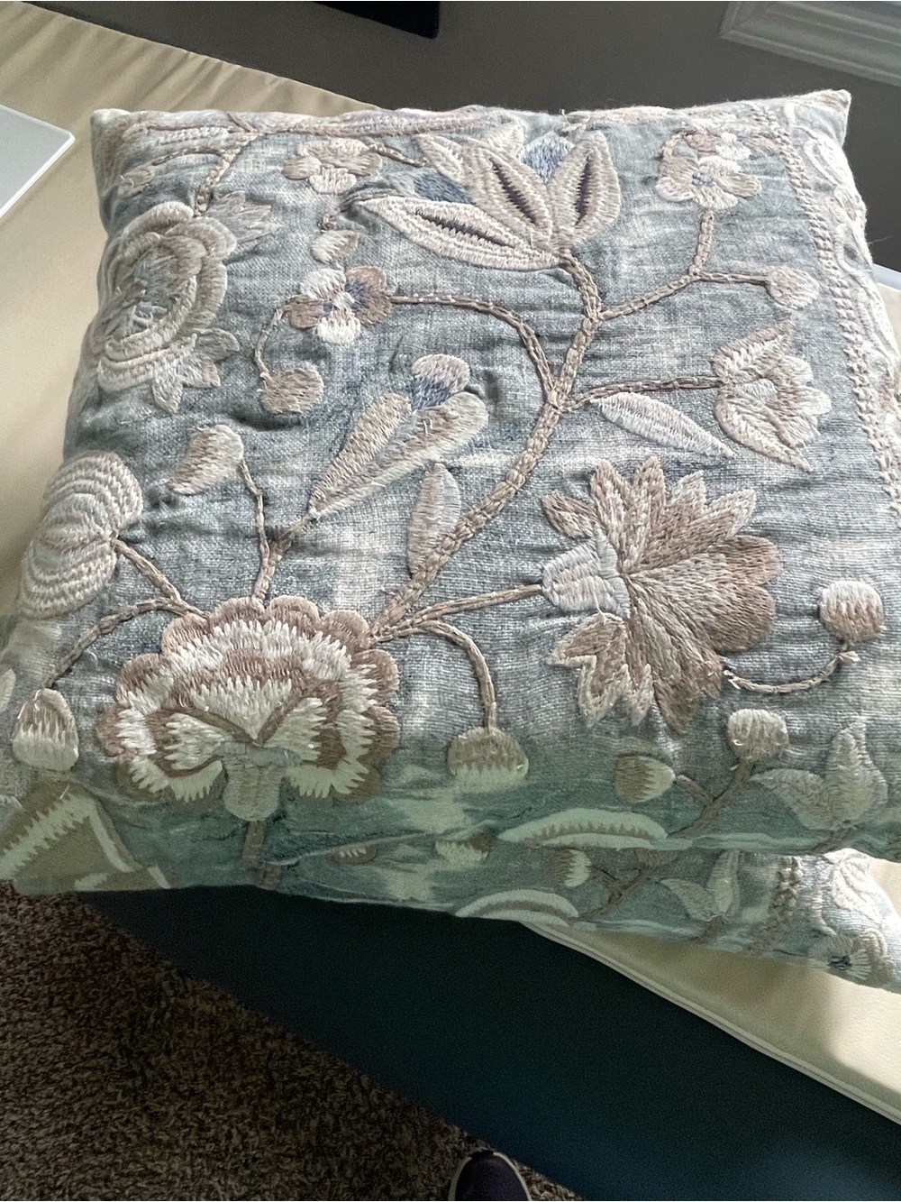 Pottery Barn Light Blue and Beige Embroidered Floral Accent Pillows - Picture 2 of 2